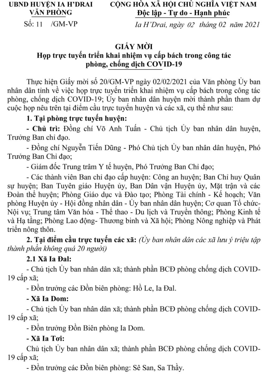 Giấy mời họp trực tuyến triển khai nhiệm vụ cấp bách trong công tác phòng, chống dịch COVID-19 Giấy Mời Họp Trực Tuyến Triển Khai Nhiệm Vụ Cấp Bách Trong Công Tác Phòng, Chống Dịch Covid-19