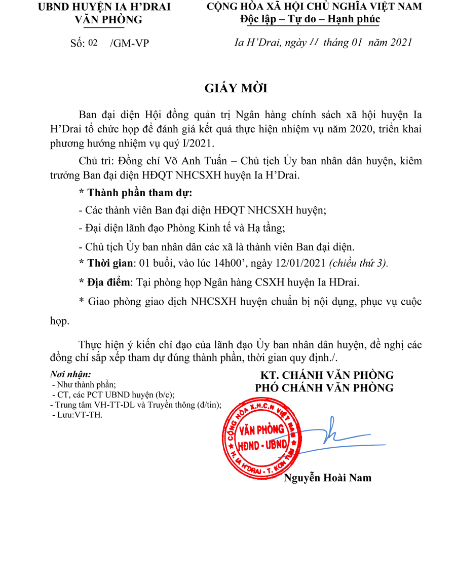 Giấy mời chương trình họp Ban đại diện Hội đồng quản trị Ngân hàng chính sách xã hội huyện Ia H'Drai Giấy Mời Chương Trình Họp Ban Đại Diện Hội Đồng Quản Trị Ngân Hàng Chính Sách Xã Hội Huyện Ia H'Drai